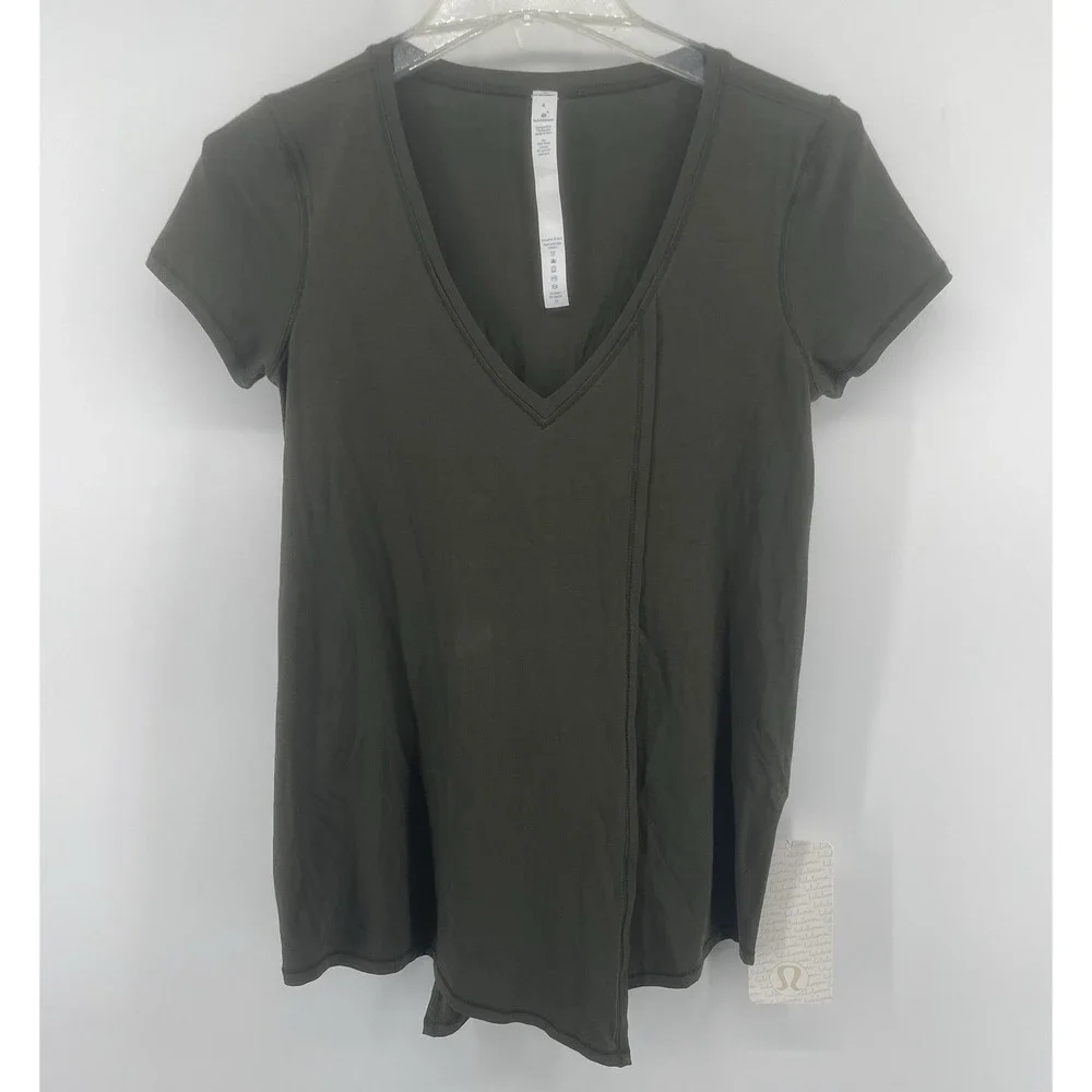 Lululemon Knot A Problem Tee Womens 4 Dark Olive V-Neck Tie Knot Athleisure NWT
